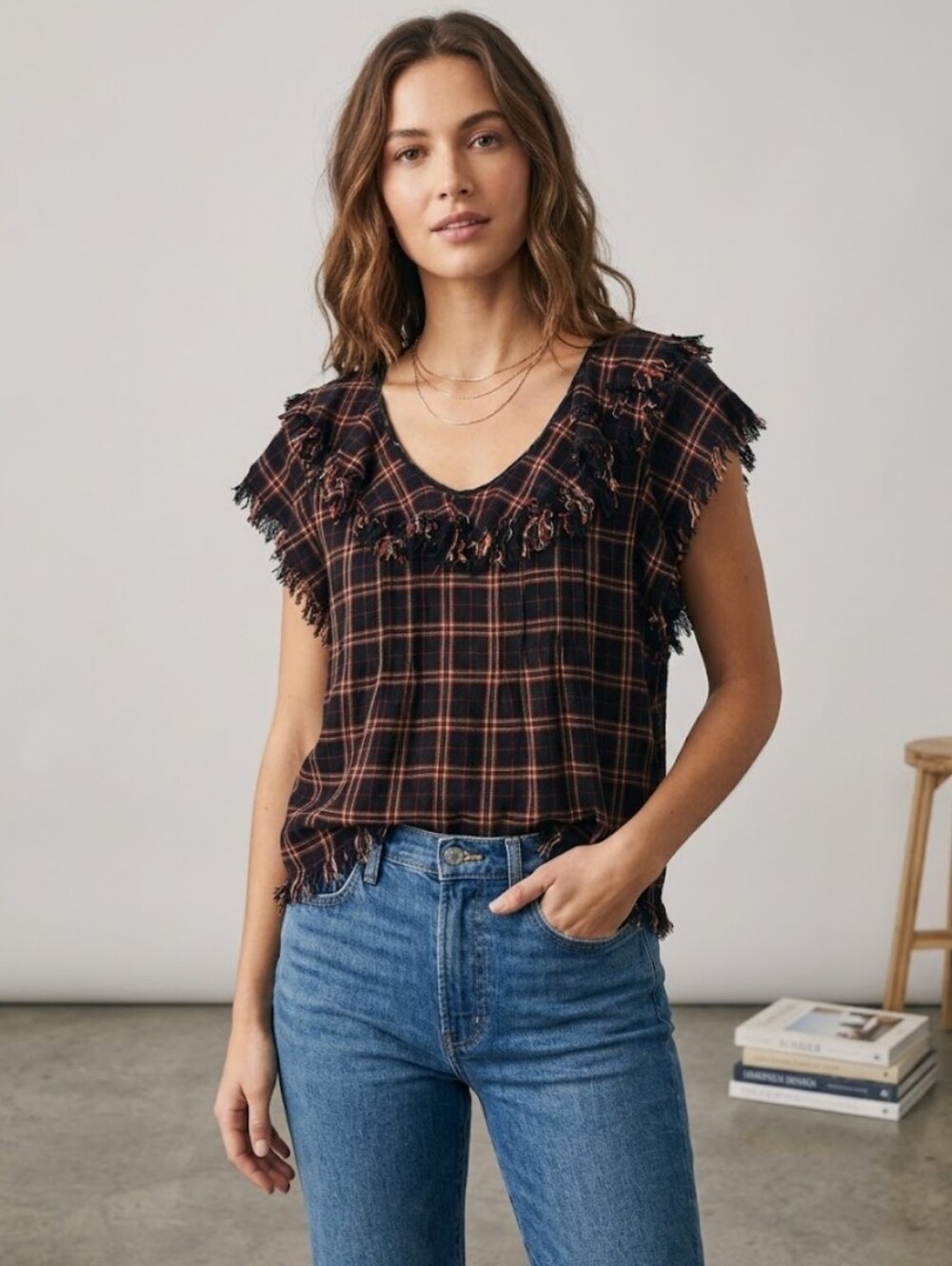 FAHERTY Plaid Raw Fringe Trim V-Neck Blouse Top Small